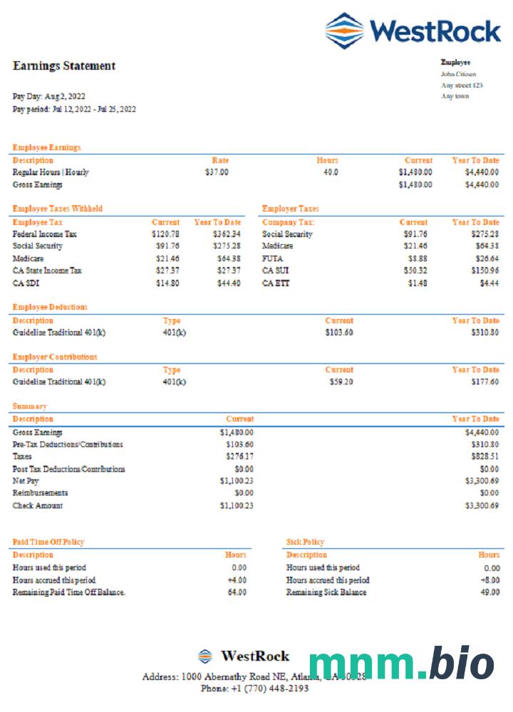 USA WestRock packaging company pay stub